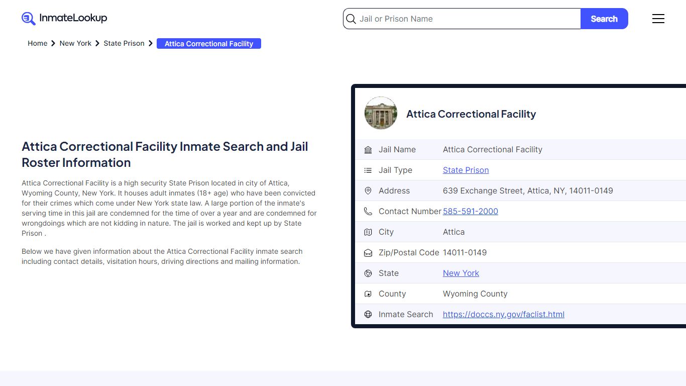 Attica Correctional Facility Inmate Search, Jail Roster, Bookings ...